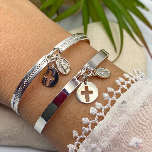 Bracelet Jonc perlé ou lisse Argent médaille miraculeuse et croix | Maria