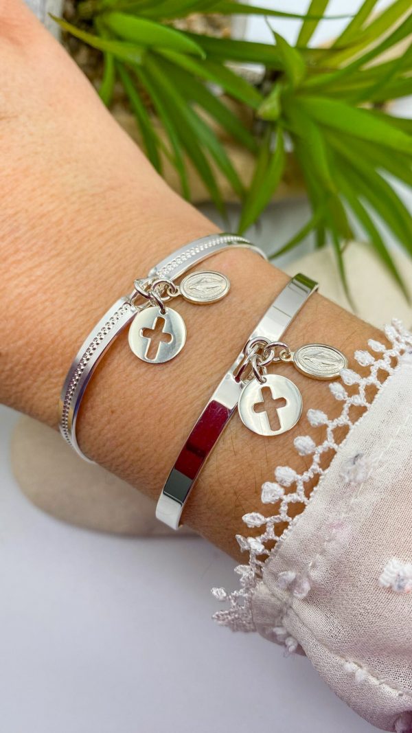 Bracelet Jonc perlé ou lisse Argent médaille miraculeuse et croix | Maria – Image 4