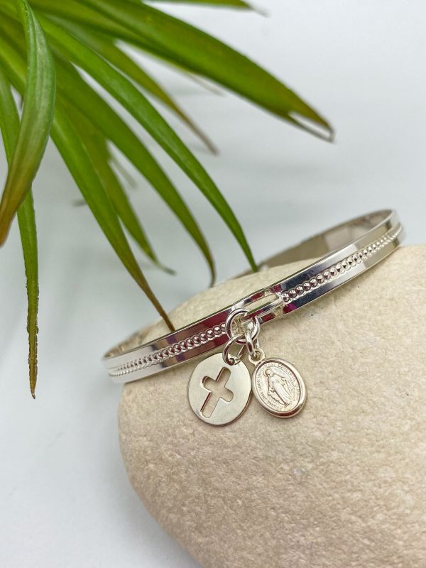 Bracelet Jonc perlé ou lisse Argent médaille miraculeuse et croix | Maria – Image 2