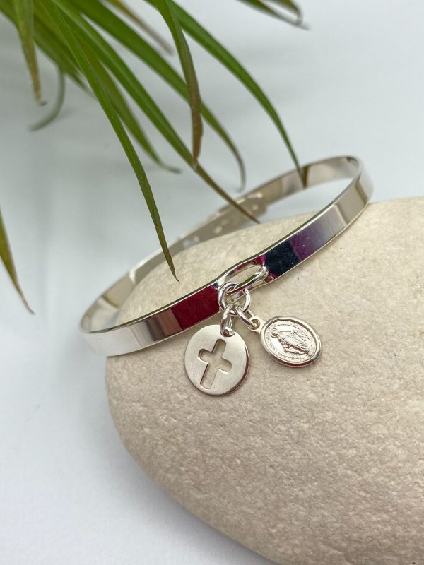 Bracelet Jonc perlé ou lisse Argent médaille miraculeuse et croix | Maria – Image 3