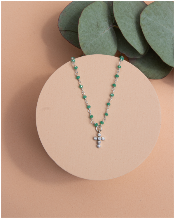 Collier croix sur chaine rosaire en Onyx vert et Argent | Saint Laurent – Image 3