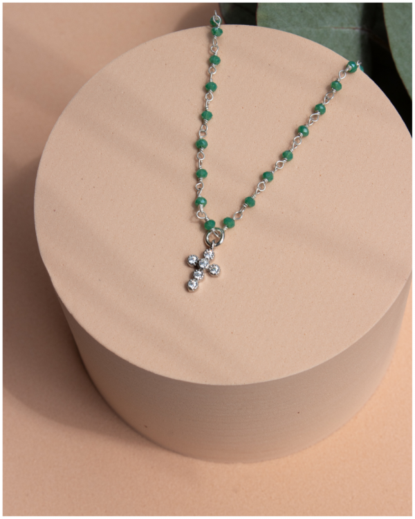 Collier croix sur chaine rosaire en Onyx vert et Argent | Saint Laurent