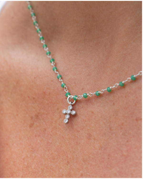 Collier croix sur chaine rosaire en Onyx vert et Argent | Saint Laurent – Image 2