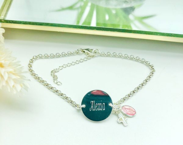 Bracelet catho en argent gravé & personnalisé avec sa médaille miraculeuse et croix en émail | Fêtes de la Foi