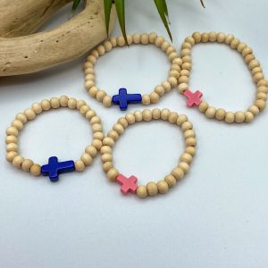 Bracelet sur fil élastique perle de bois naturelle et croix en pierre | Ressucito