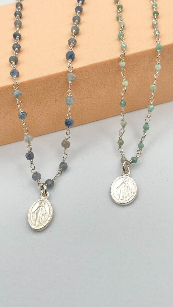 Collier chaine rosaire argent et gemmes avec une médaille miraculeuse en Argent | Notre Dame du Bon Secours