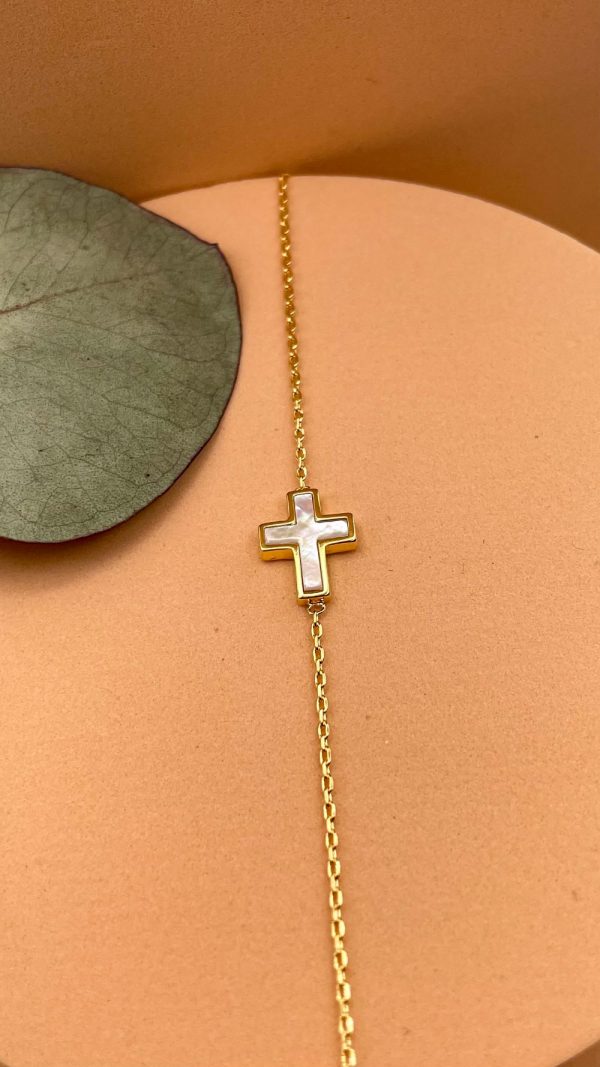 Bracelet Croix nacre blanche et plaqué or | Tous saints – Image 2