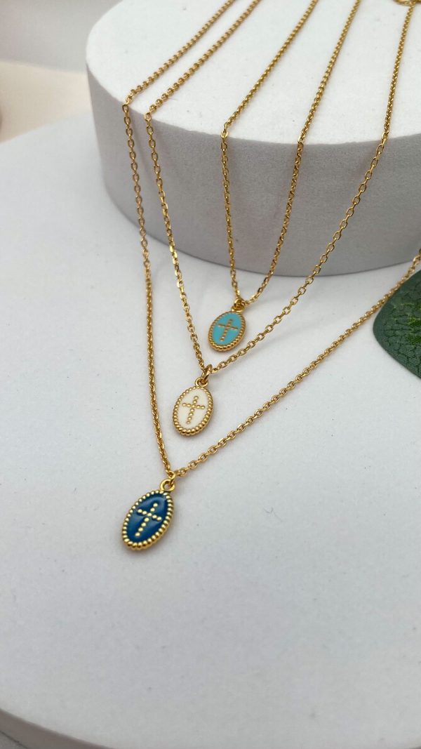 Collier avec médaille ovale perlée croix émail coloré en plaqué or | Christi