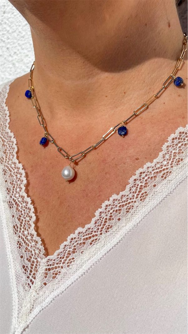 Collier maille rectangulaire perle et lapis - lazuli | Terre de feu lapis – Image 4