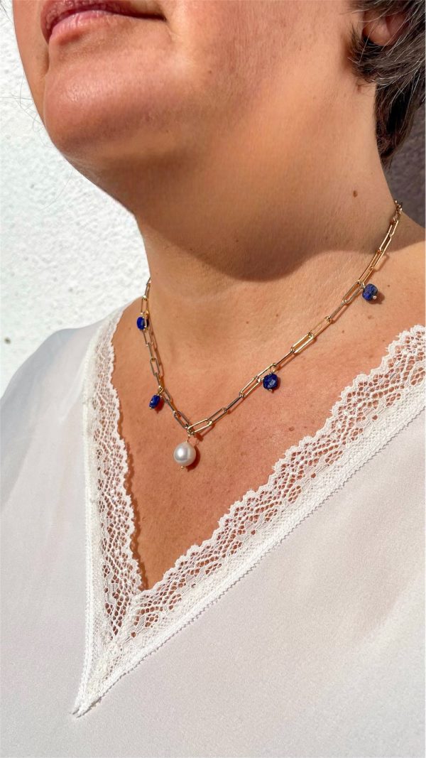 Collier maille rectangulaire perle et lapis - lazuli | Terre de feu lapis – Image 5