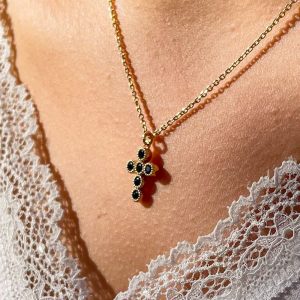 Collier croix zirconium noire et plaqué or | Croix