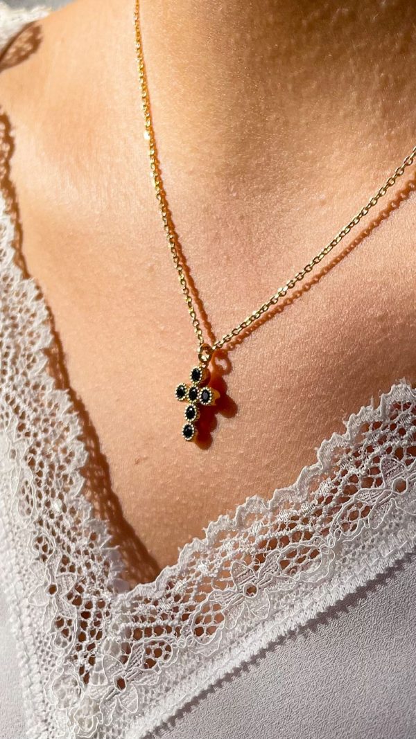 Collier croix zirconium noire et plaqué or | Croix