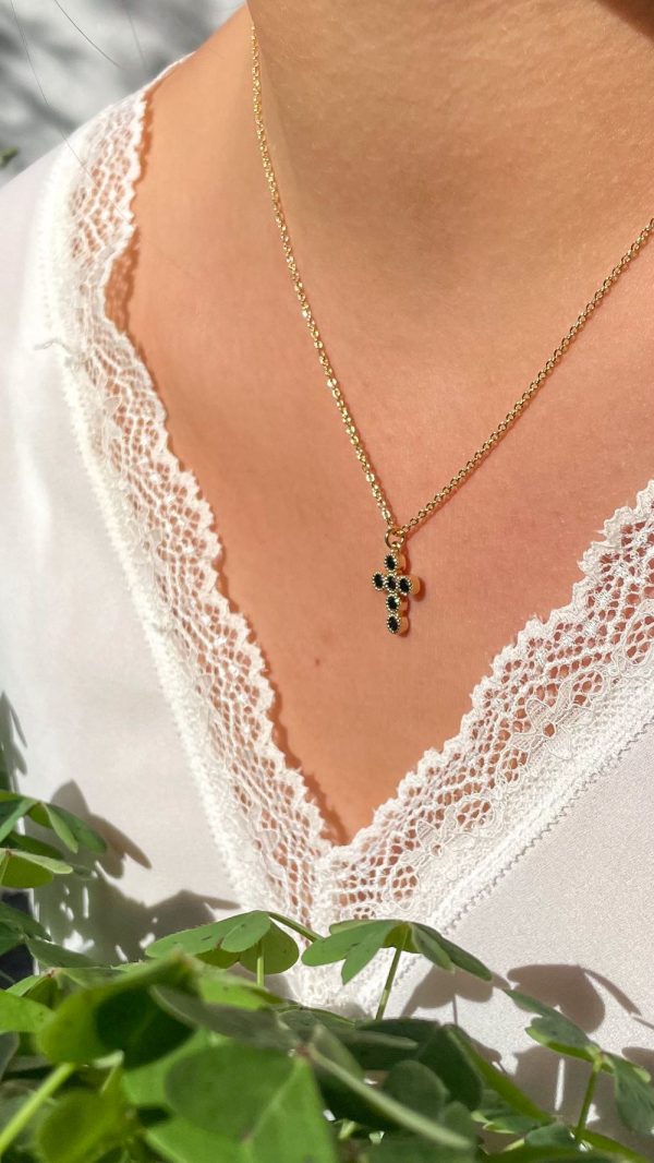 Collier croix zirconium noire et plaqué or | Croix – Image 2