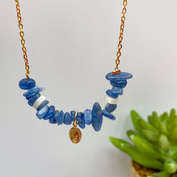 Collier catho en plaqué or médaille miraculeuse et gemmes (nacre et kyanite) | Fatima – Image 3