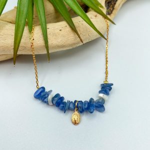 Collier catho en plaqué or médaille miraculeuse et gemmes (nacre et kyanite) | Fatima