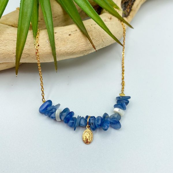 Collier catho en plaqué or médaille miraculeuse et gemmes (nacre et kyanite) | Fatima