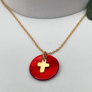 Collier catho pastille nacre de couleur et croix en plaqué or sur chaine plaqué or | Gloire à ton Nom