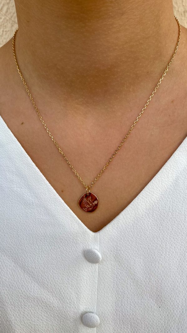 Collier religieux en plaqué or avec médaille colombe sur poitrine, lumière naturelle