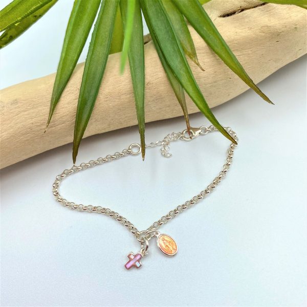 Bracelet de communion croix et médaille miraculeuse en argent et émail rose | Amen – Image 2