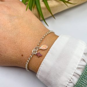 Bracelet de communion croix et médaille miraculeuse en argent et émail rose | Amen