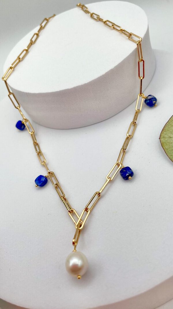 Collier maille rectangulaire perle et lapis - lazuli | Terre de feu lapis – Image 2