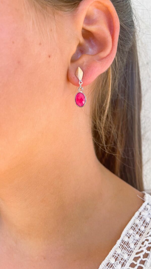 Boucles d'oreilles en argent avec pendentifs goutte en calcédoine teintée rose ou fuchsia, légères et hypoallergéniques- Gemmes...& Vous