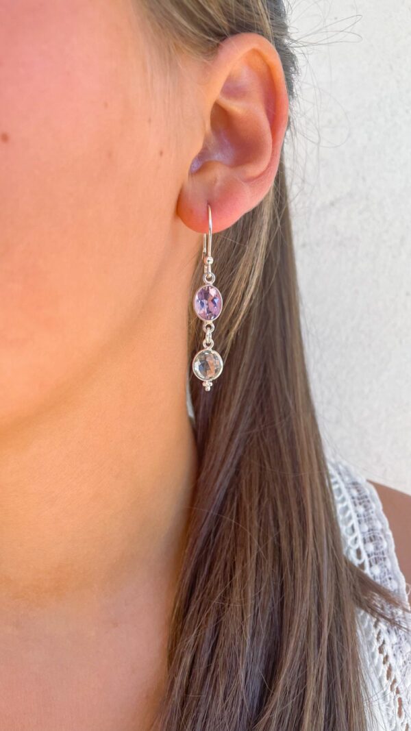 Boucles d'oreilles fines en argent et gemme améthyste et quartz blanc- Gemmes...& Vous