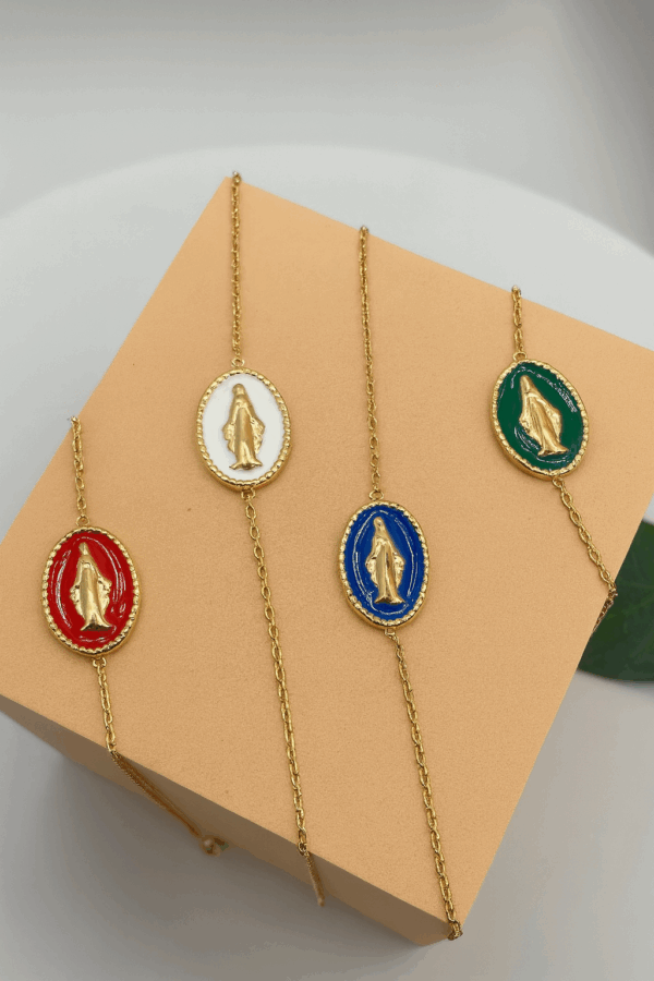 Bracelets religieux modernes en plaqué or avec médailles colorées et émaillées de la médaille miraculeuse- Médaille Vierge Marie- Bijoux chrétiens modernes Gemmes & Vous