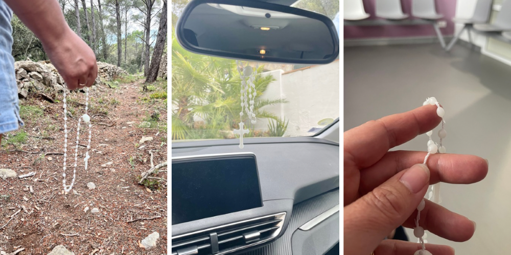 Chapelet catholique tenu en main et utilisé au quotidien, en balade, en voiture et dans la prière pour apprendre à réciter son chapelet simplement.