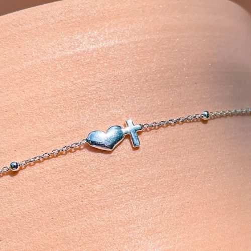 Bracelet religieux cœur et croix en argent ajustable – bijou chrétien moderne Gemmes…& Vous