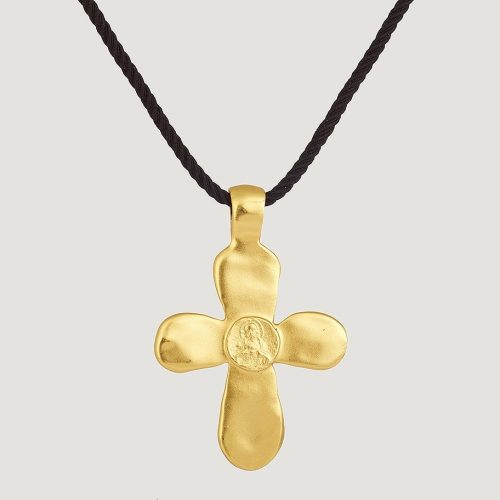 Grande croix moderne dorée à l'or fin (1 micron) avec Jésus montrant son Cœur Sacré au centre- bijou religieux chrétiens modernes Gemmes...& Vous.