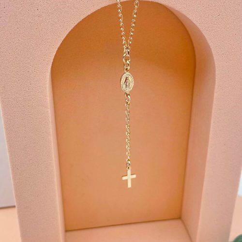 Collier chapelet en plaqué or – Croix et médaille miraculeuse visibles