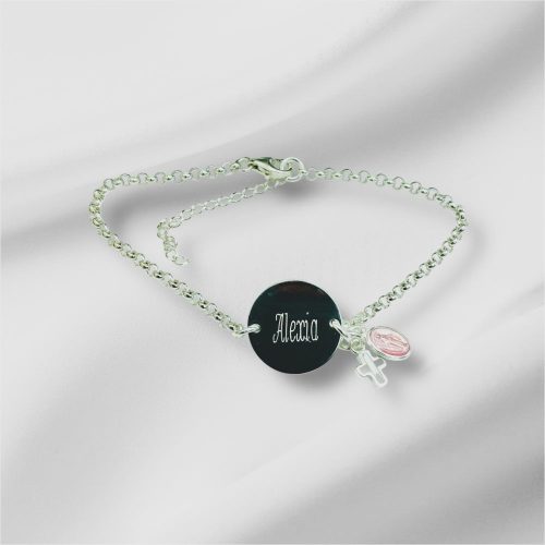 Bracelet catho en argent gravé & personnalisé avec sa médaille miraculeuse et croix en émail | Fêtes de la Foi
